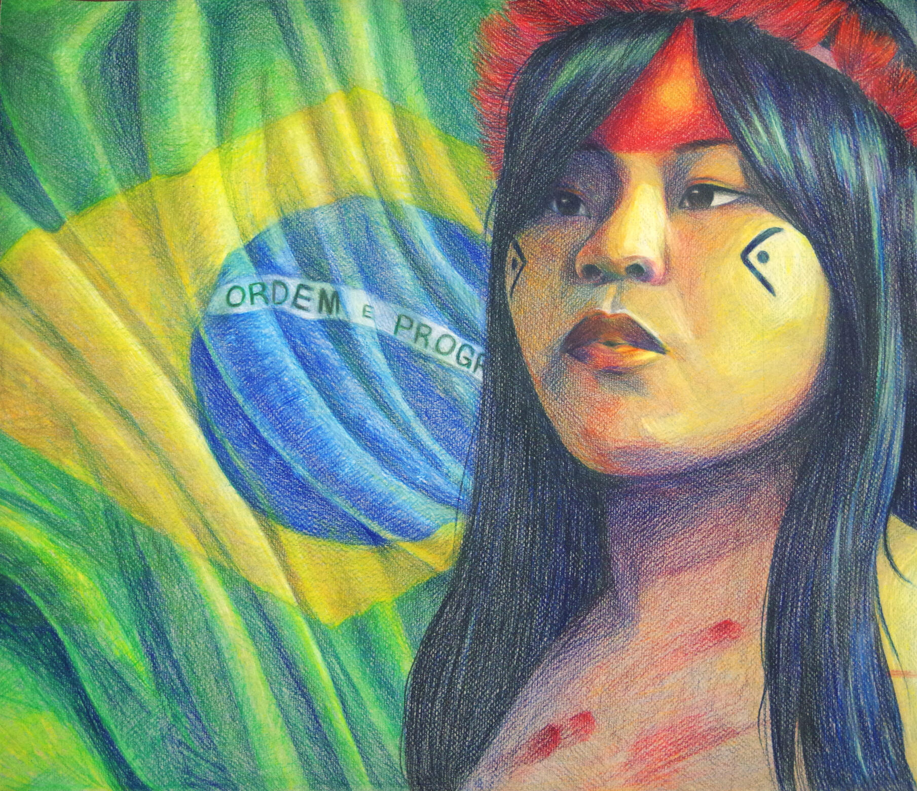 Ysani Kalapalo, colored pencil, 21” x 18", 2023.