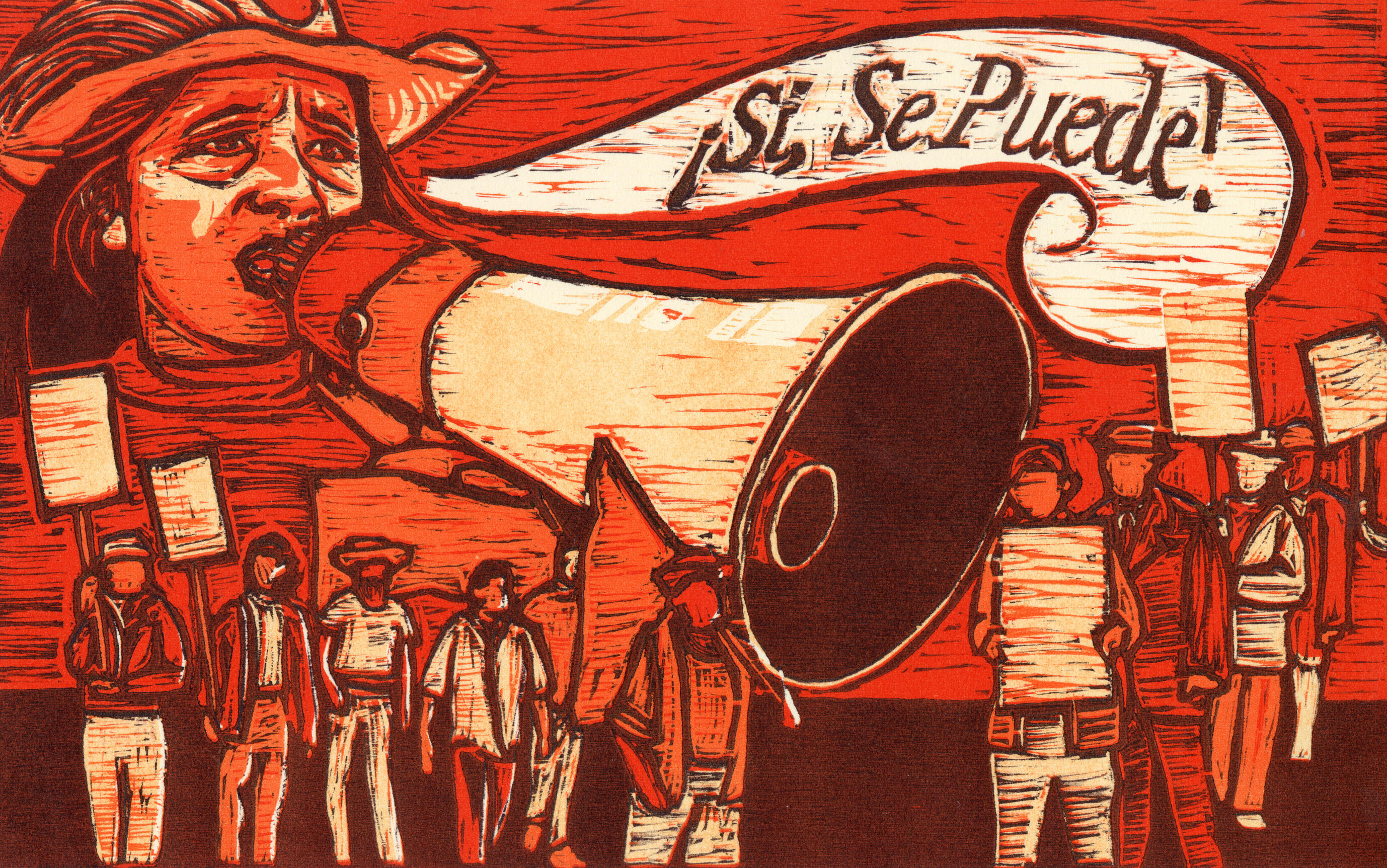¡Si, Se Puede!: The Delano Grape Strike, reductive woodcut", 7” x 11”, 2025.
