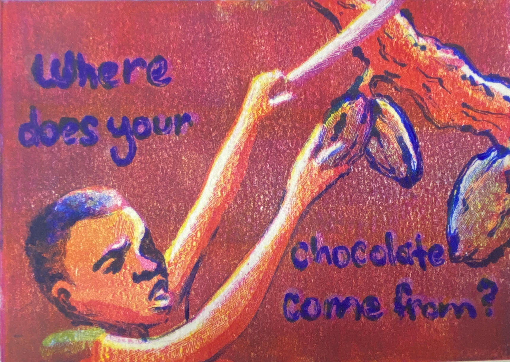 Where Does Your Chocolate Come From? varied edition, monoprint, 5” x 3”, 2024.