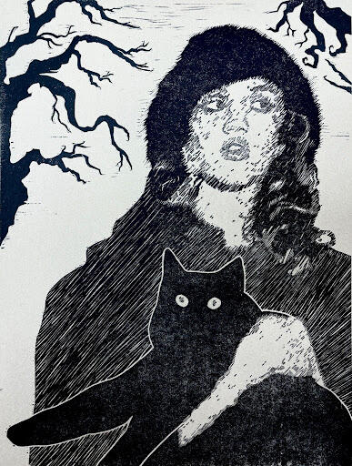 Black Cat, woodcut, 18” x 24”, 2025.