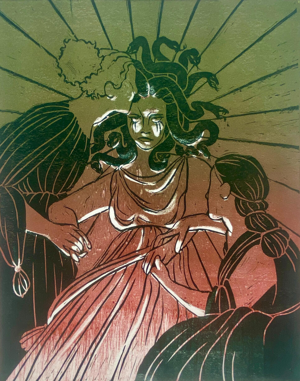 The Reluctatnt Bride, relief on monoprint, 11” x 14”, 2024.