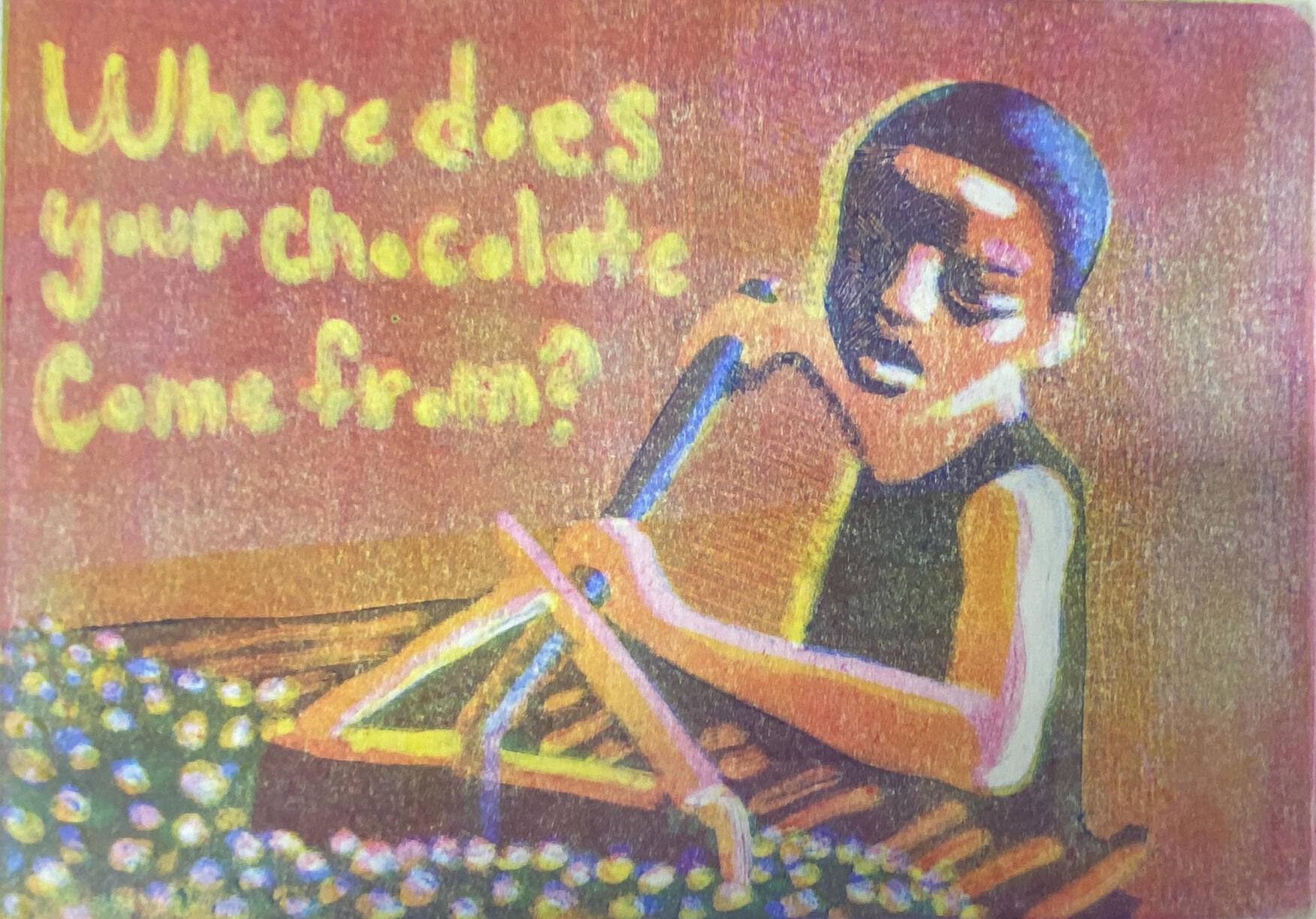 Where Does Your Chocolate Come From? varied edition, monoprint, 5” x 3”, 2024.