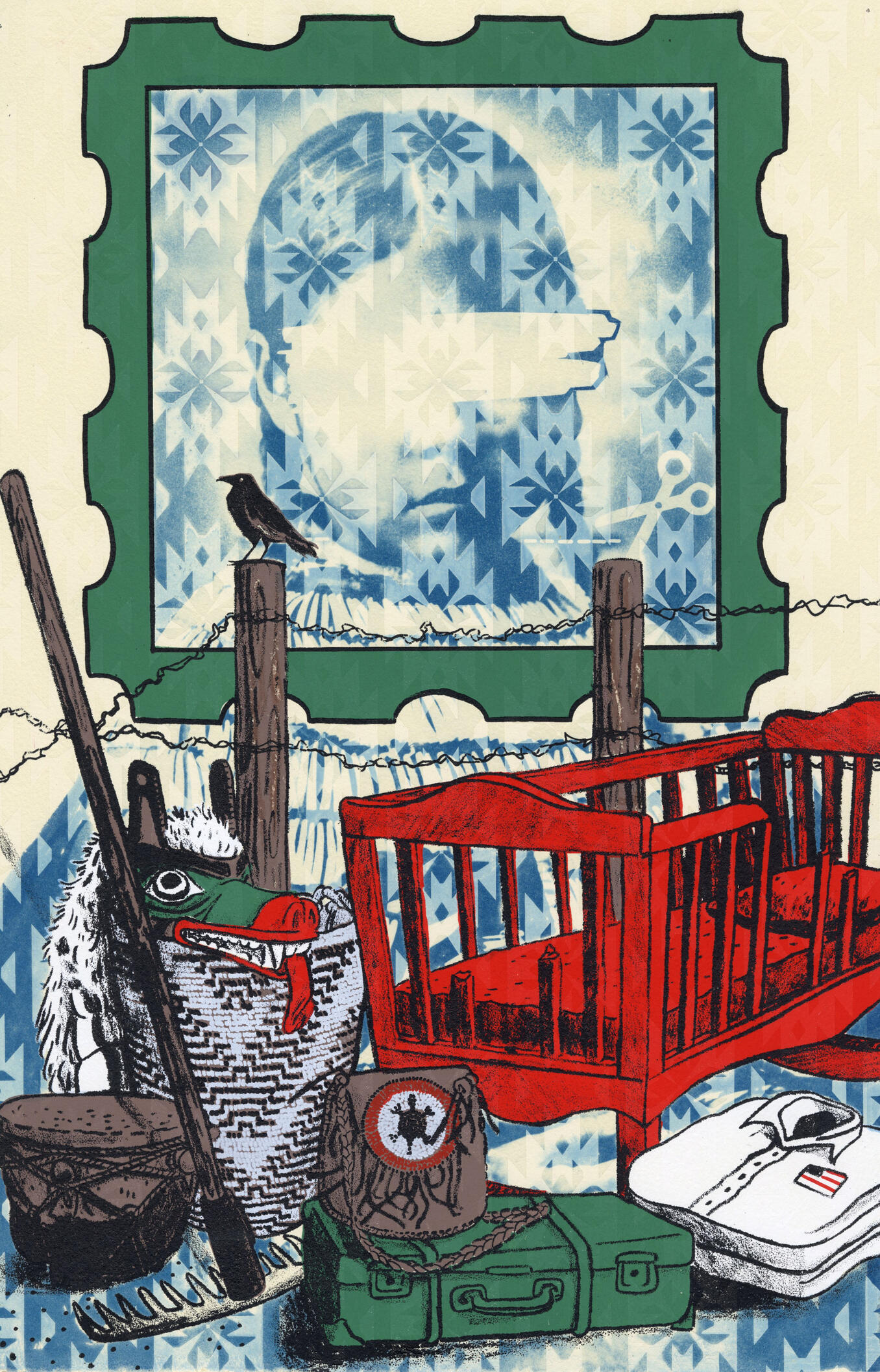 Kill the Indian, Leave the Man, screenprint and cyanotype, 11" x 17". 2026.