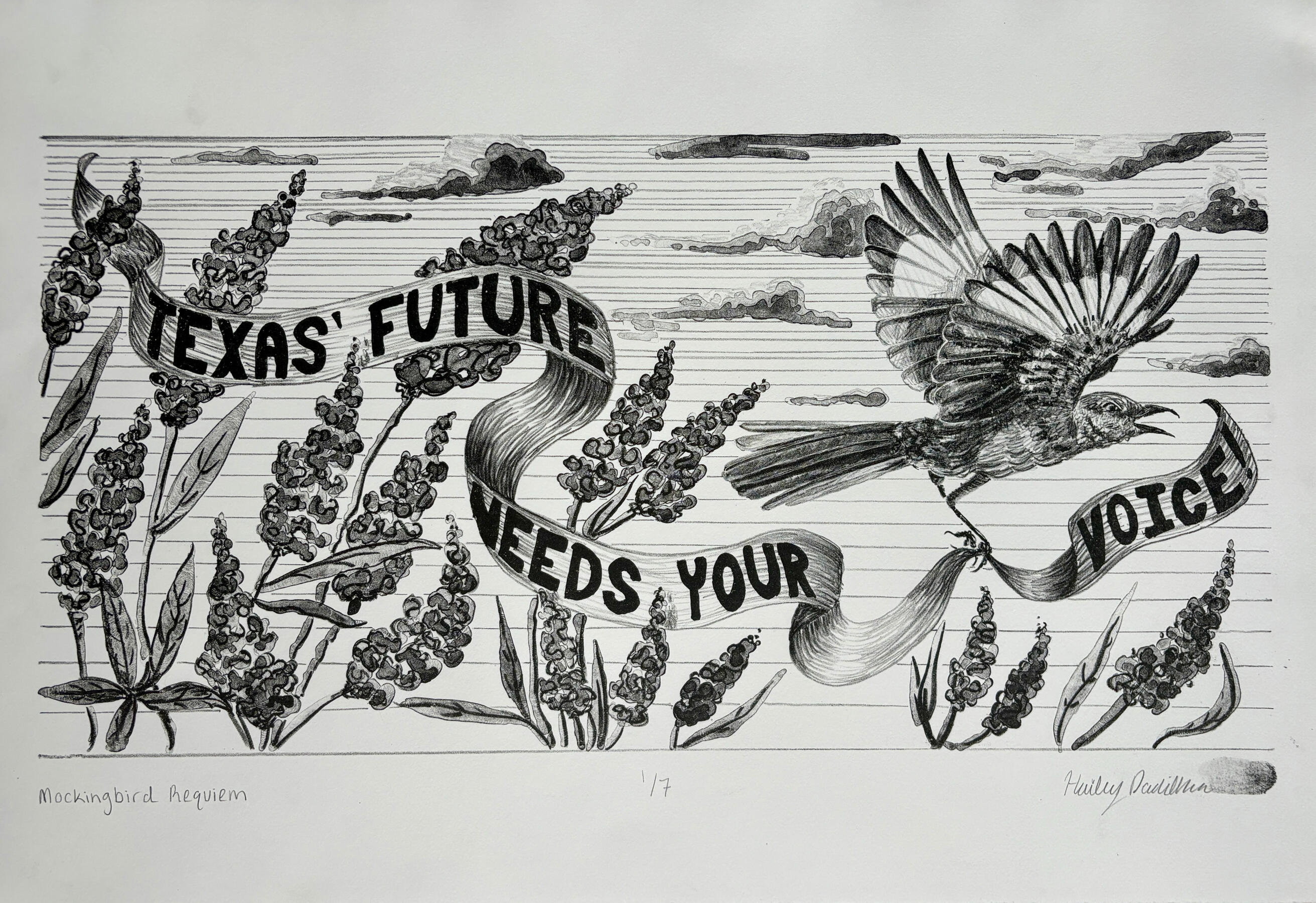 Mockingbird Requiem, lithograph, 22” x 15”. 2026.