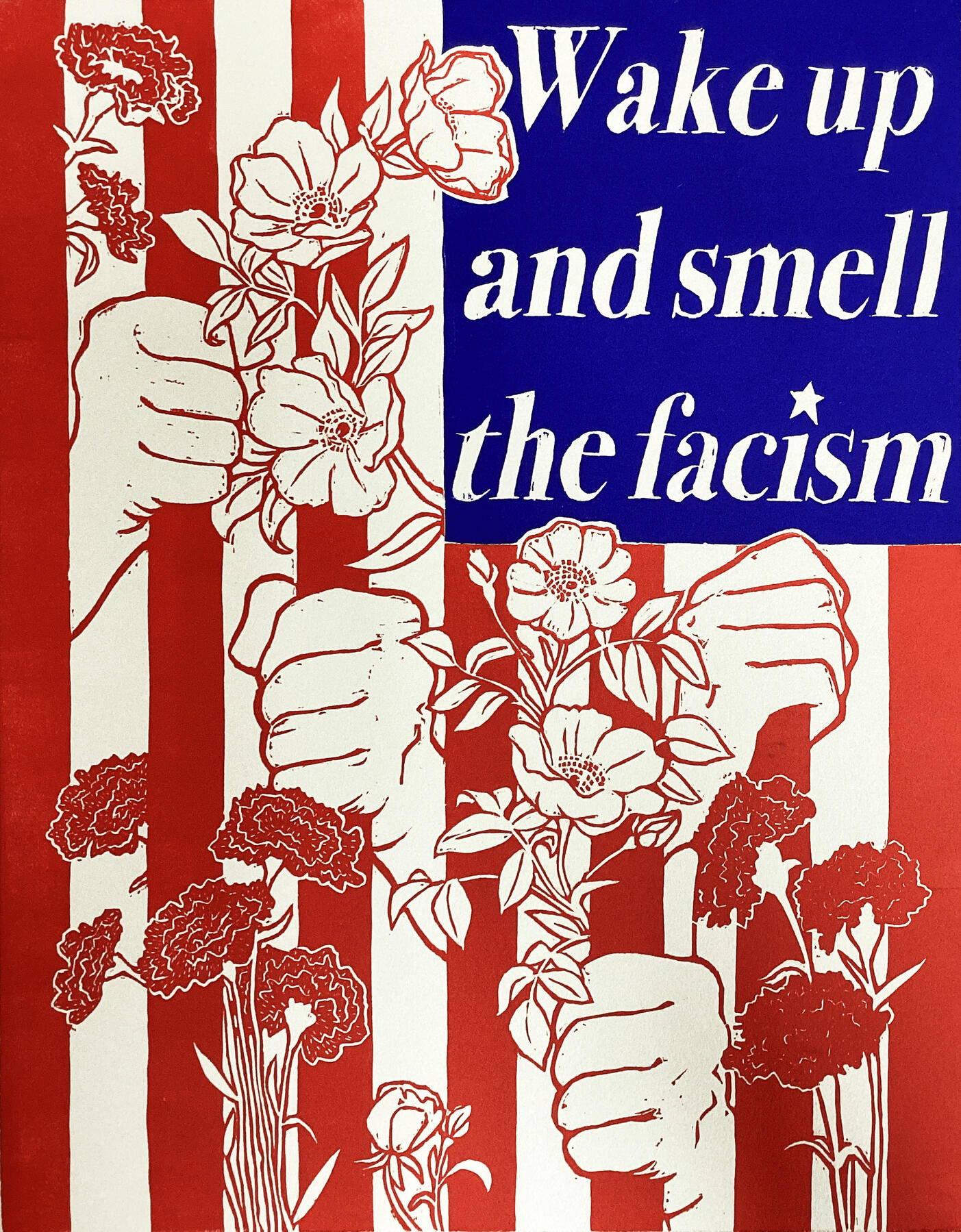 Wake Up and Smell the Fascism, relief, 11”x14”, 2026.