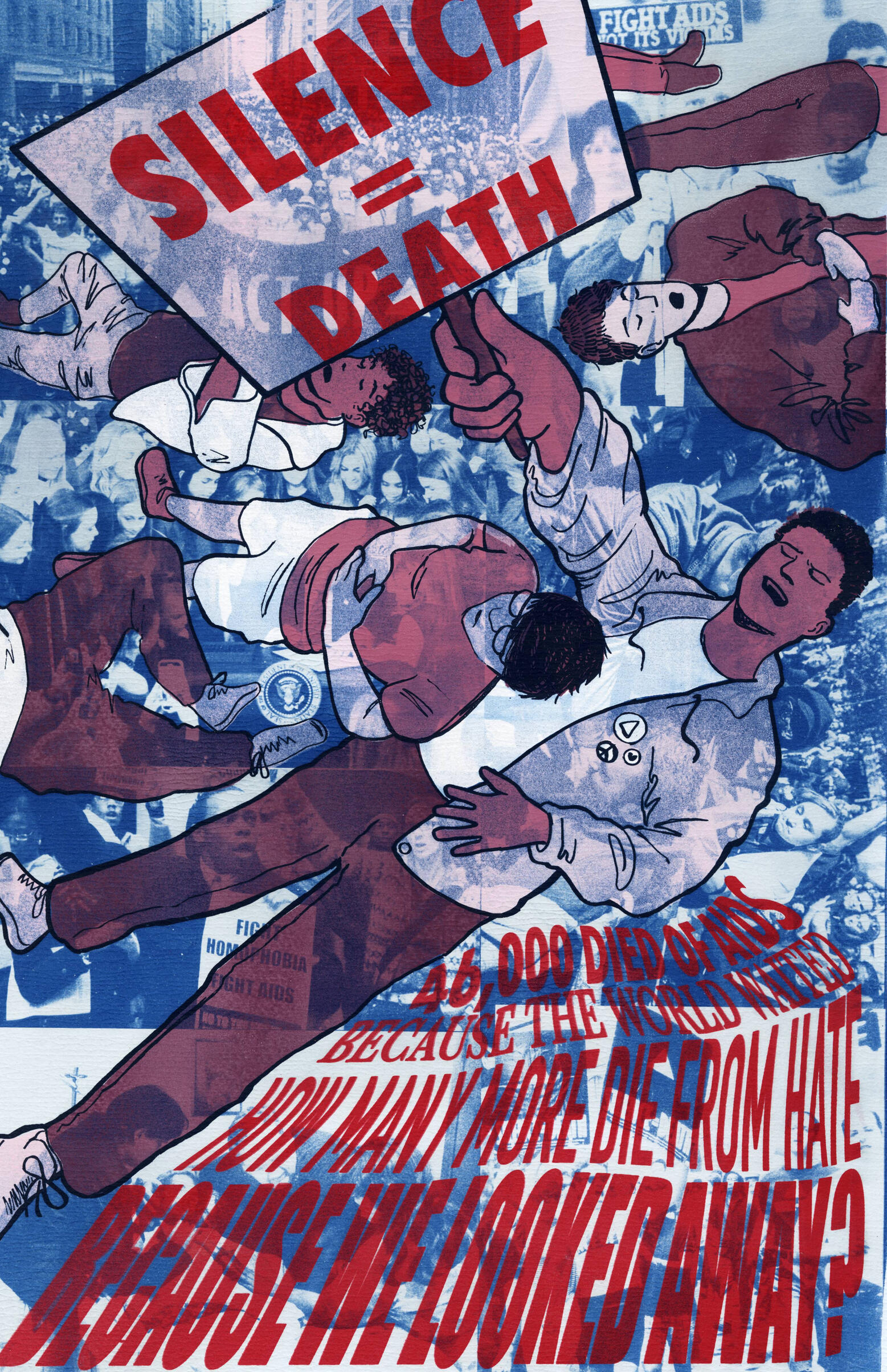 How Many More Die From Hate? screenprint, cyanotype, & blind embossing. 11” x 17”
