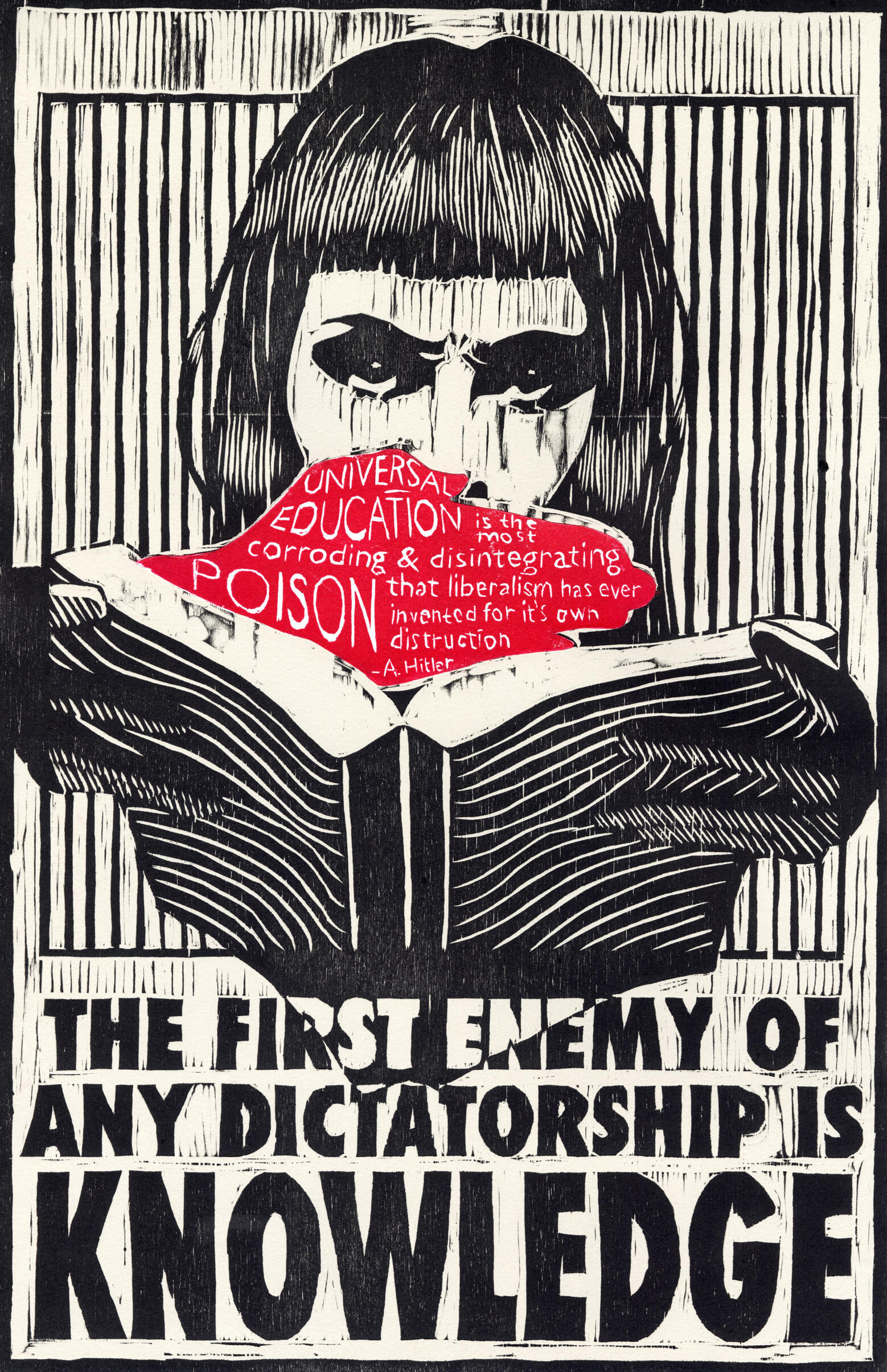 The First Enemy of Any Dictatorship is Knowledge, relief, chine colle. 11” x 17”